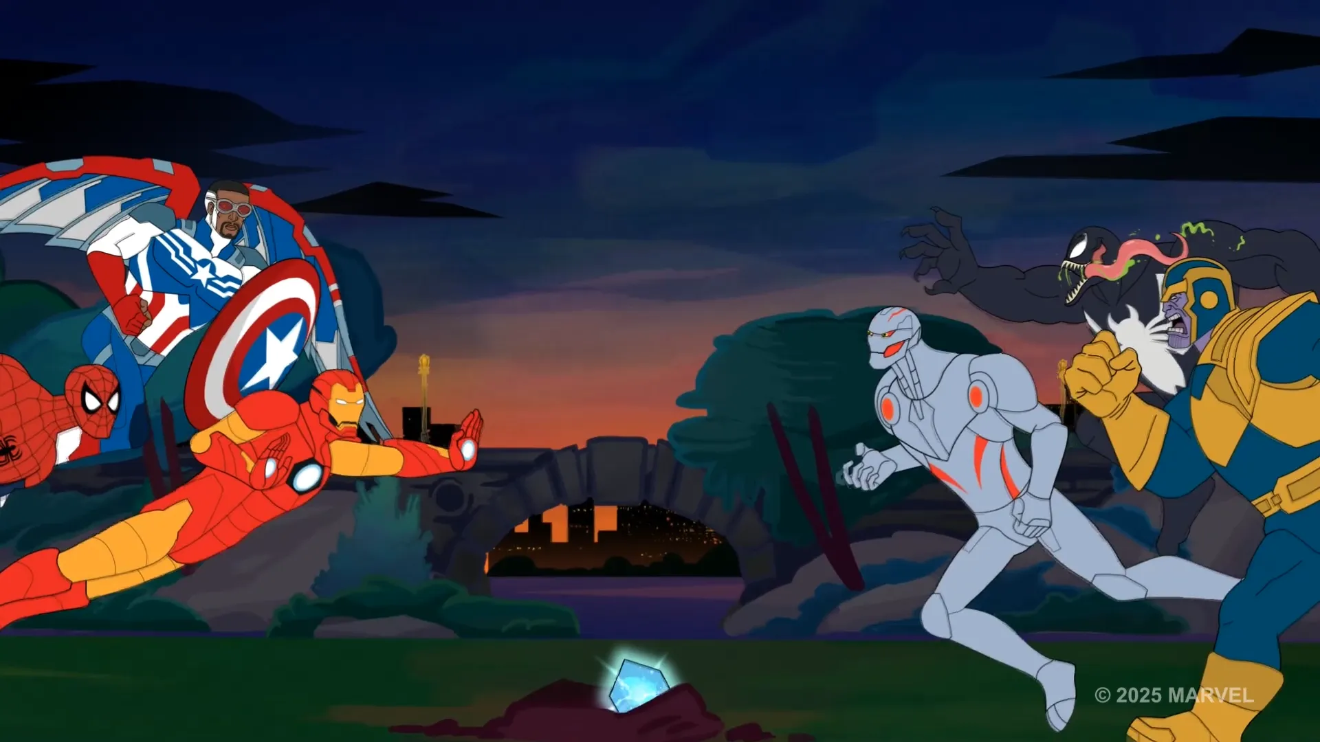 Marvel animated characters facing off at dusk.